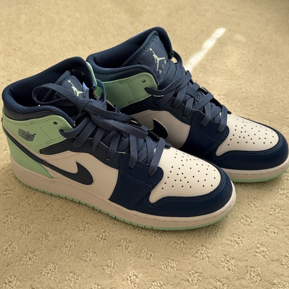 Brand New Big Kids Jordan 1 Mid Blue and Mint Sneakers
